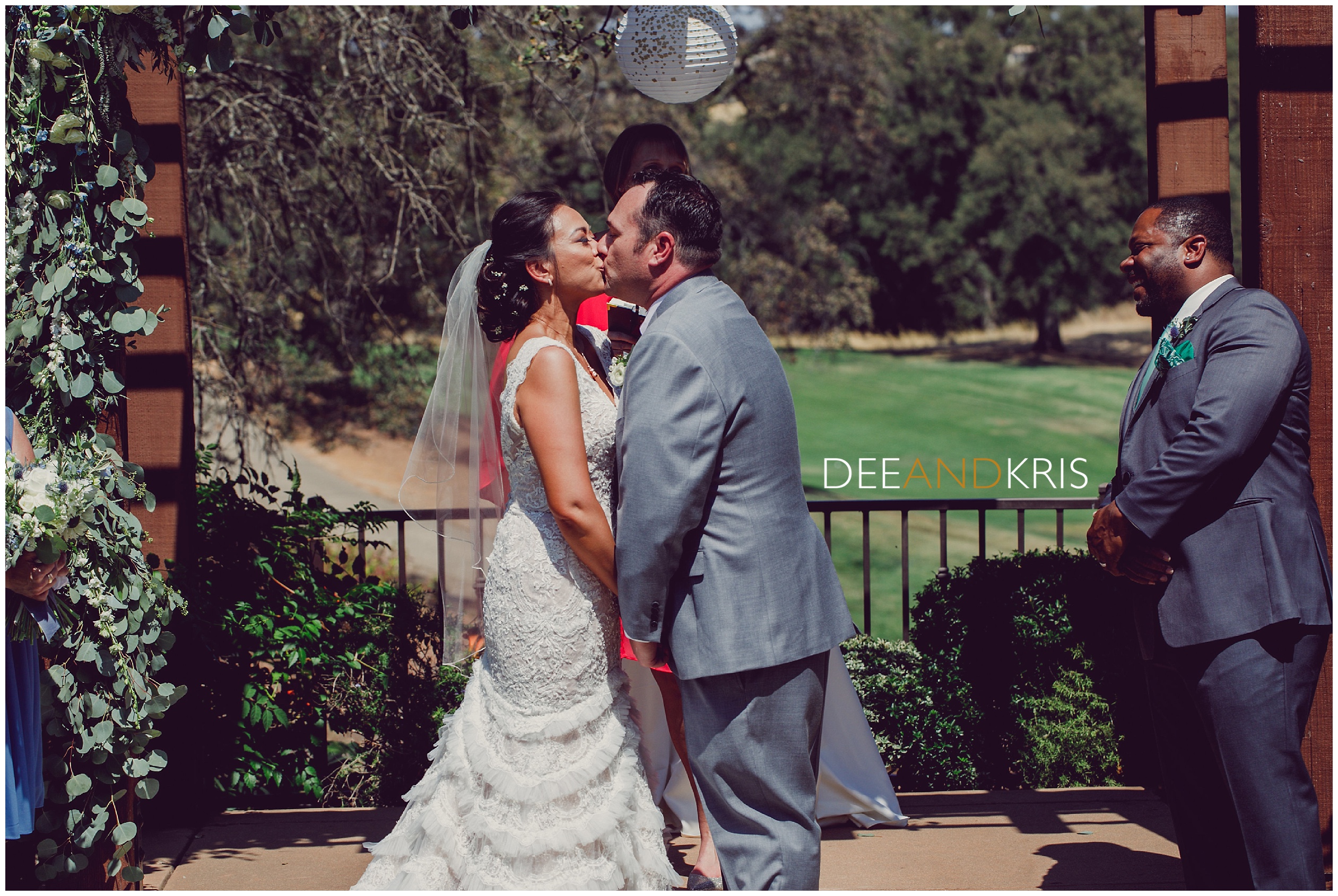 Sacramento wedding photographer photographs wedding ceremony at catta verdera, lavender wedding ceremony, first kiss