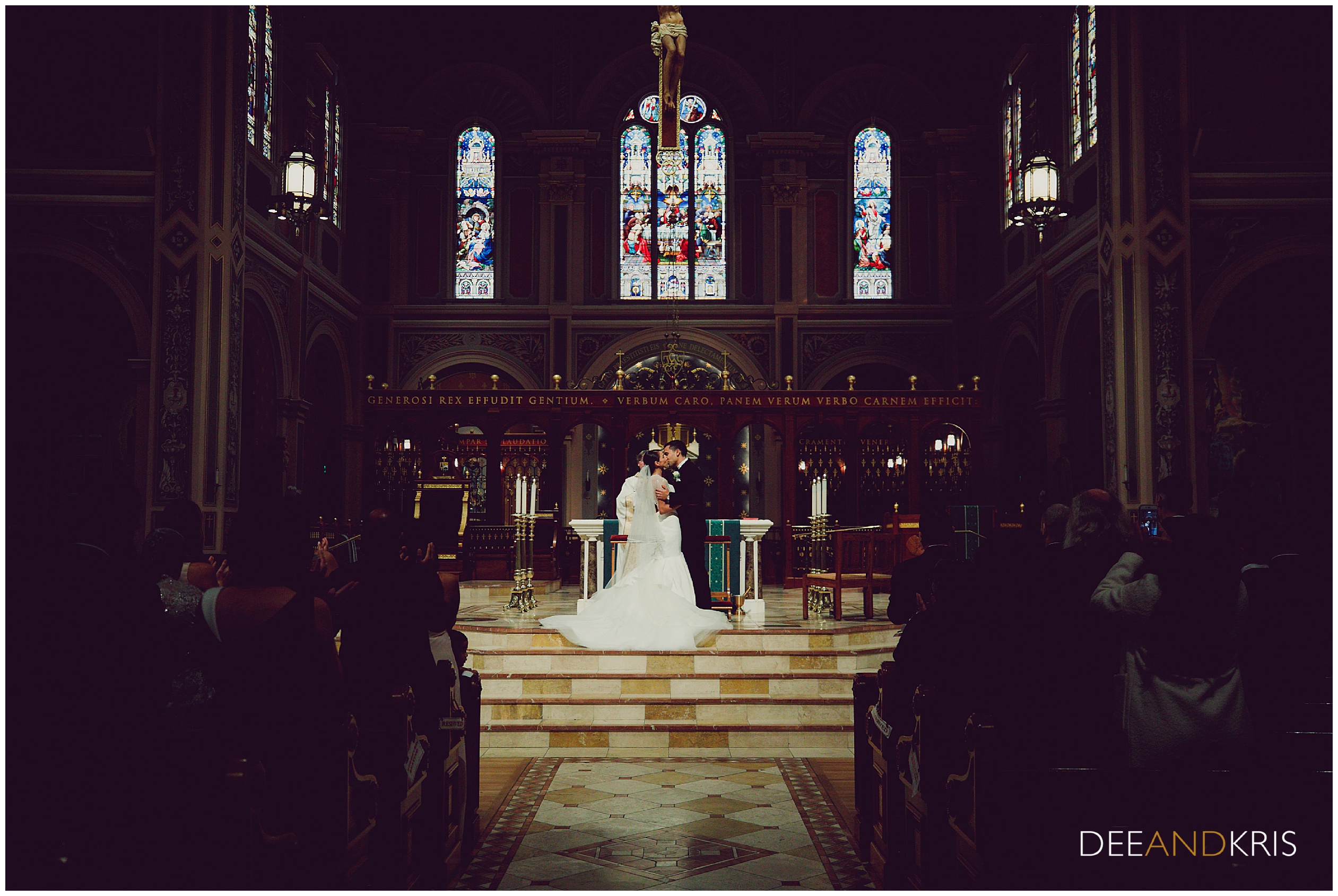 Wedding Ceremony at Cathedral of the Blessed Sacrament, first kiss