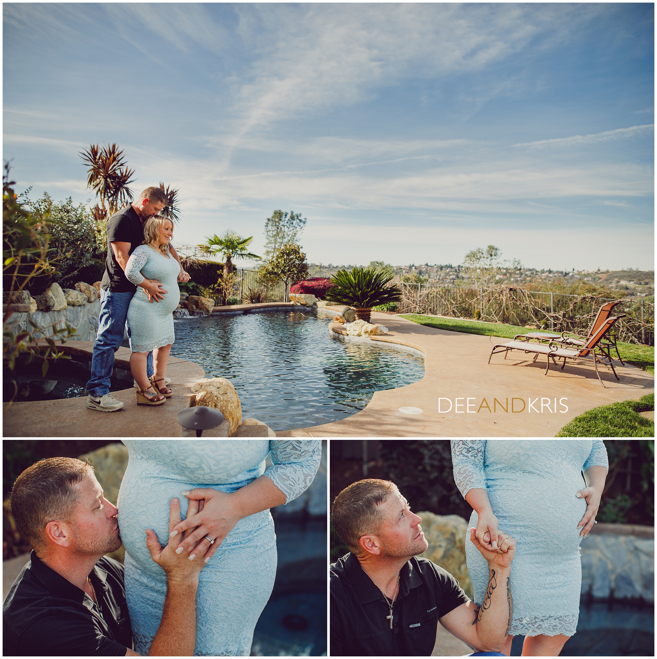 Couples maternity photography, backyard, kissing belly