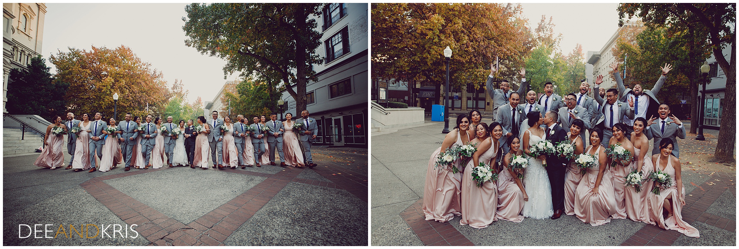 Sacramento Wedding photographers Dee and Kris photograph large bridal party downtown, wedding flowers by Wild Flowers Design Group 