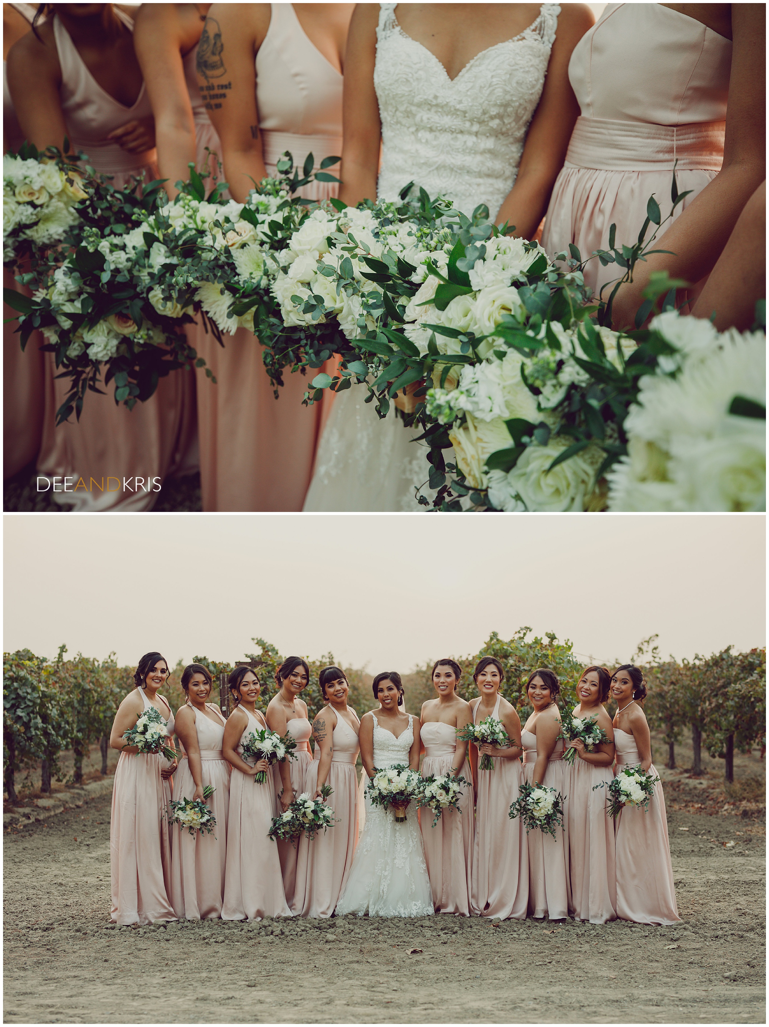 Sacramento Wedding photographers Dee and Kris photograph bridal party at the Old Sugar Mill, wedding flowers by Wild Flowers Design Group 