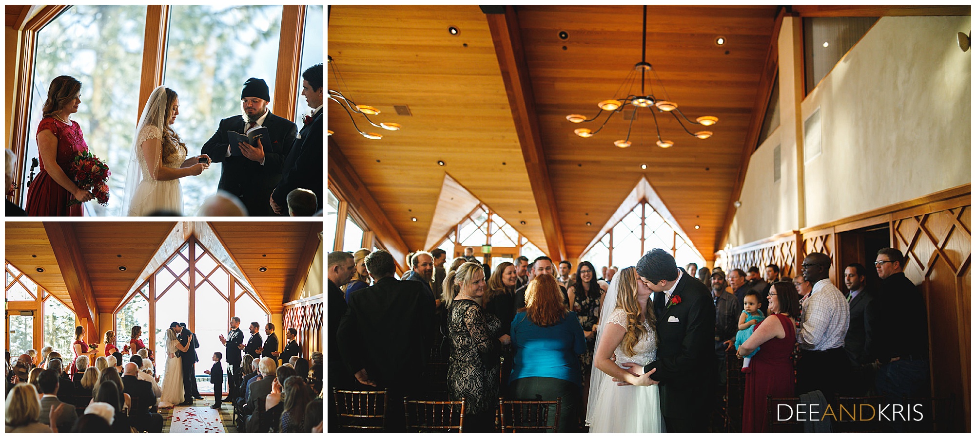Lake Tahoe Wedding photographers photograph ceremony at Edgewood Tahoe, First kiss as husband and wife
