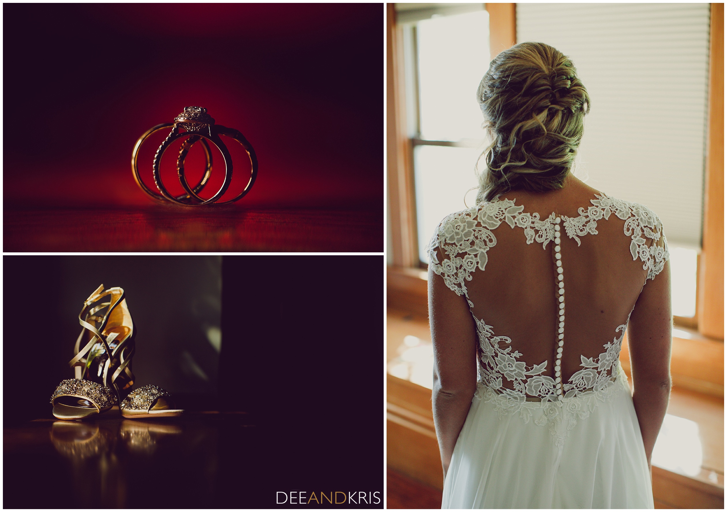 Dee and Kris photography photograph bride at her Scribner Bend Wedding, wedding details include an epic ring shot and a creative wedding shoe picture