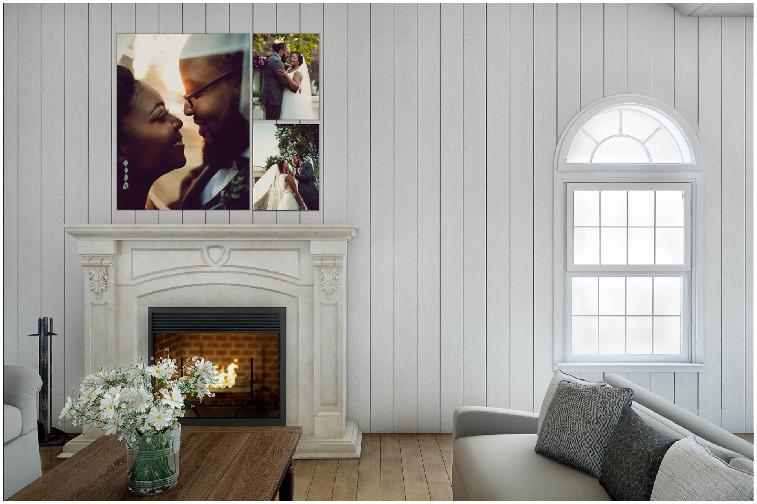 Wedding artwork, bride and groom canvas prints over fireplace
