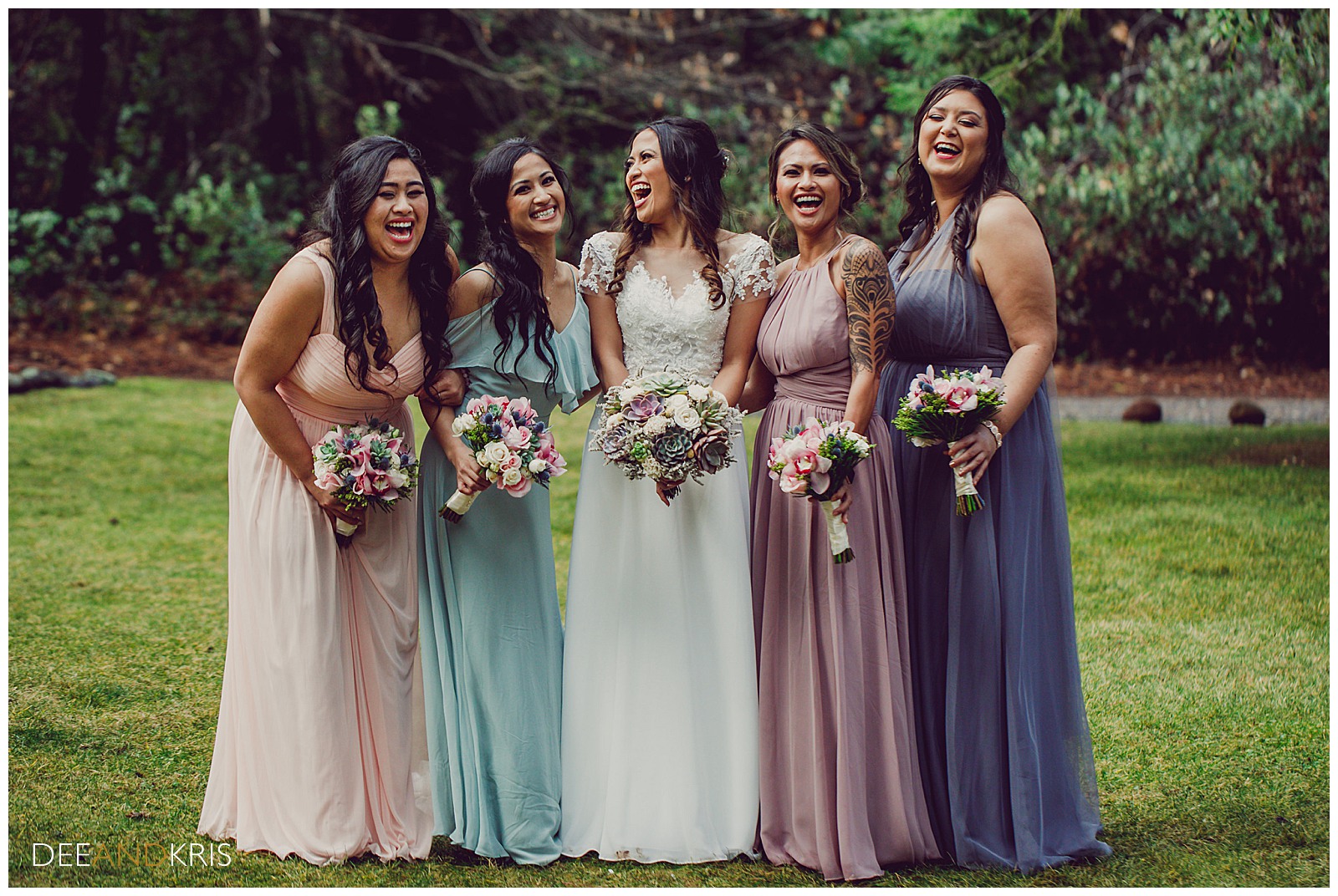 Forest House Lodge Wedding pictures, mix and match pastel bridesmaid dresses