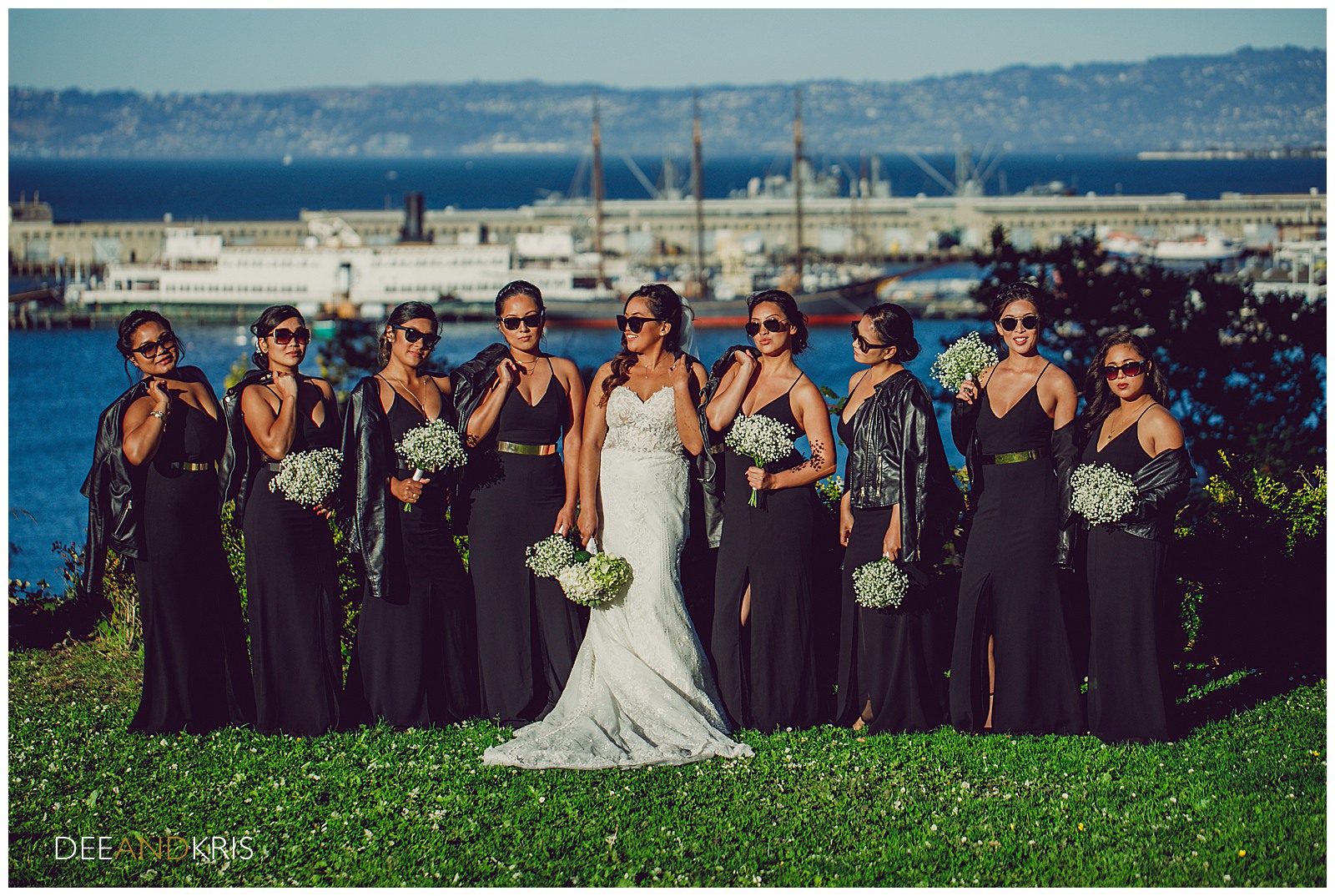San Francisco Wedding photographers, black leather jacket with bridesmaid dresses