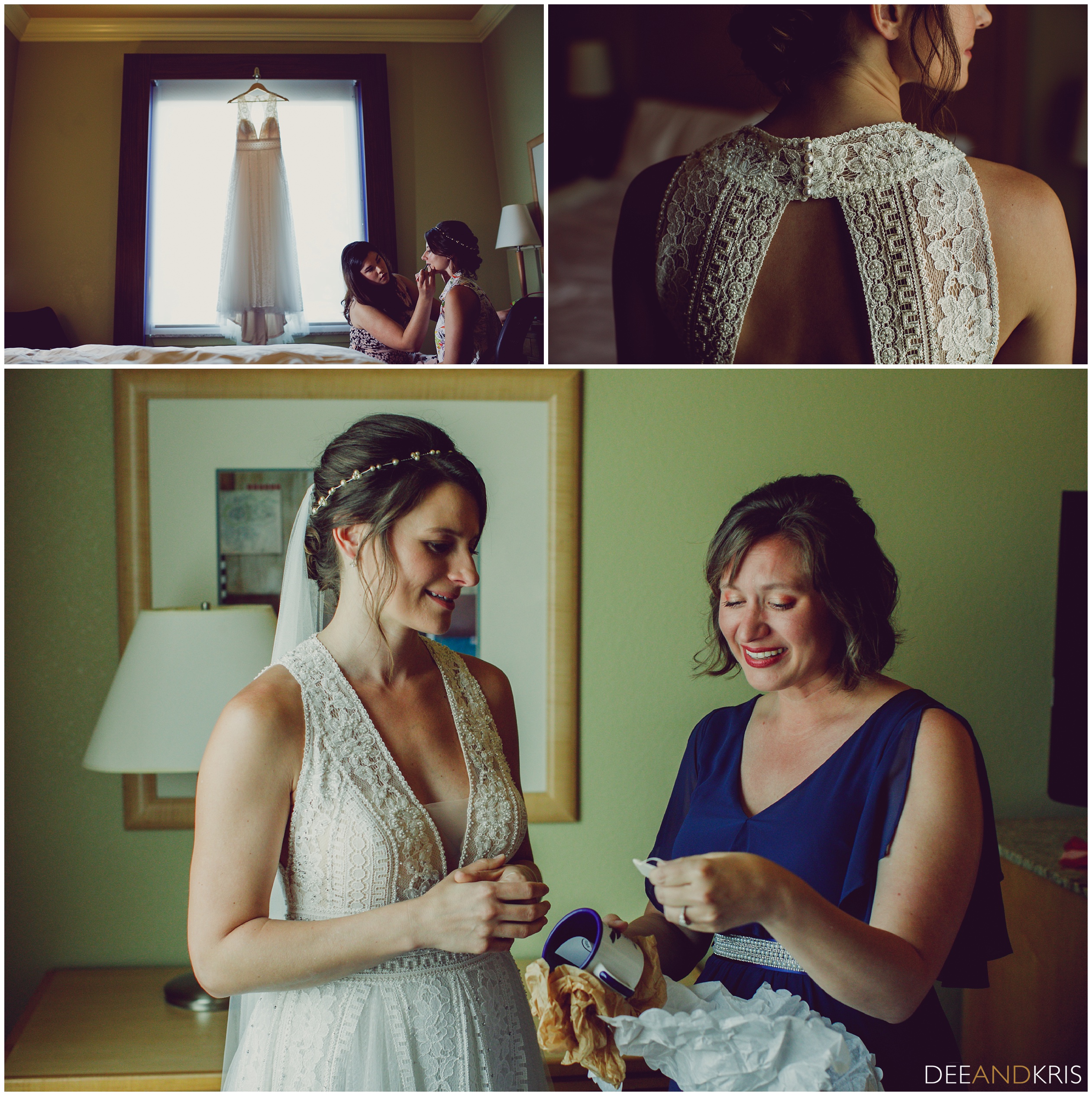 Bride getting ready with mom at Green River Brewing and Tap Room with wedding dress from Diane's Formal Affair Winters wedding photography