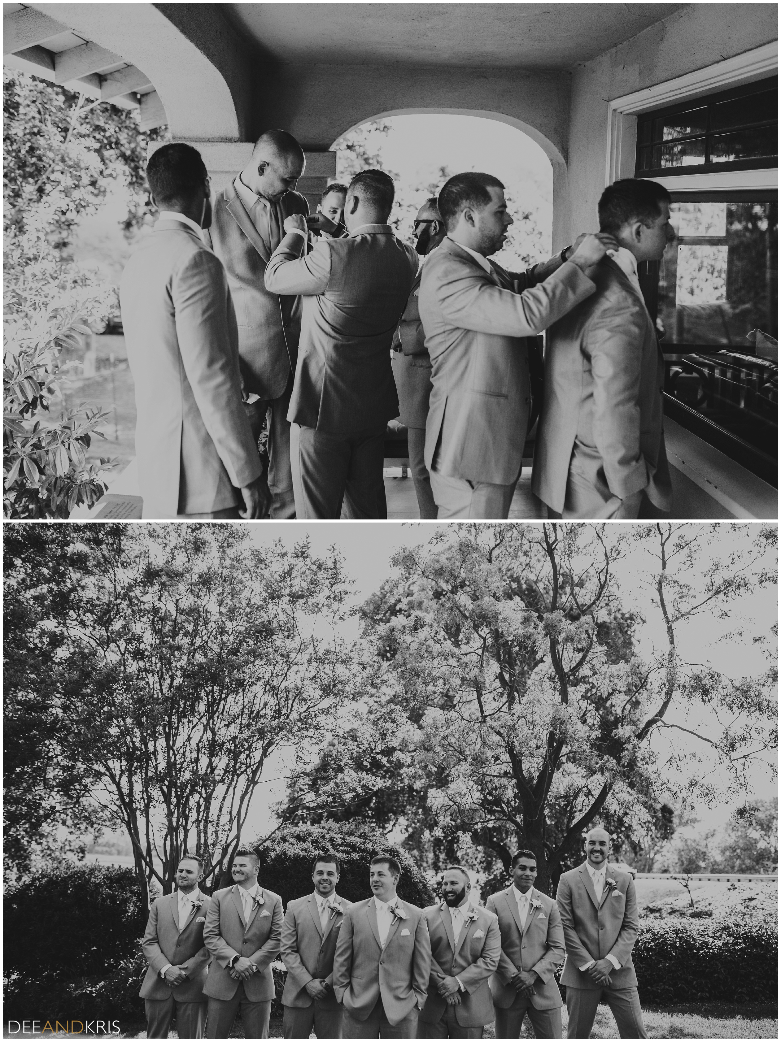 Sacramento wedding photographers photographing groom getting ready at Scribner Bend. Groom with groomsmen at Scribner Bend 