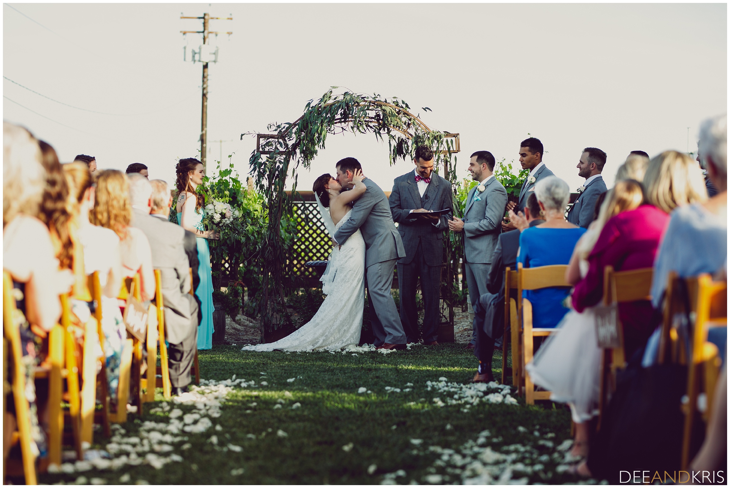 Sacramento Wedding photographers photograph wedding at Scribner Bend. First Kiss at Scribner Bend