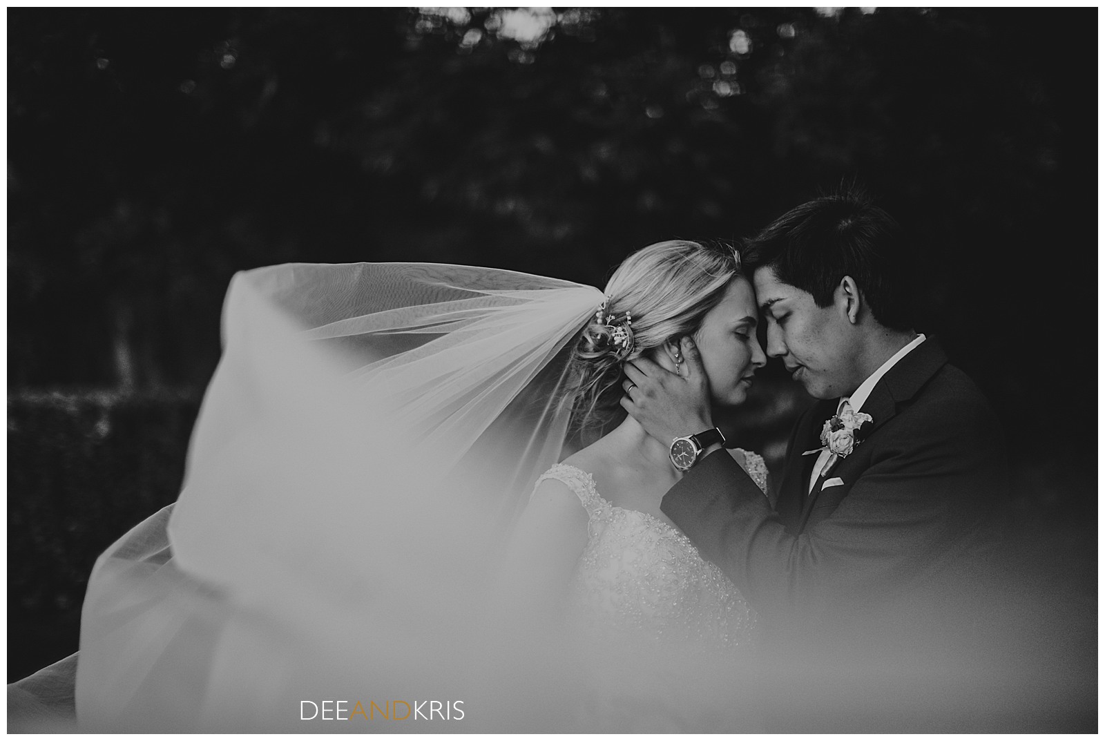 black and white wedding photography, long veil pictures