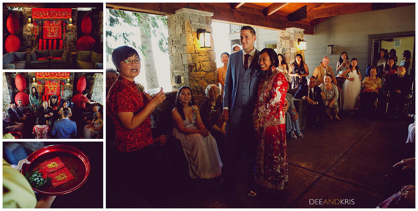 Dee and Kris photography, Chinese tea ceremony at their Shadow Mountain Resort. Wedding Tea ceremony, red Chinese wedding dress