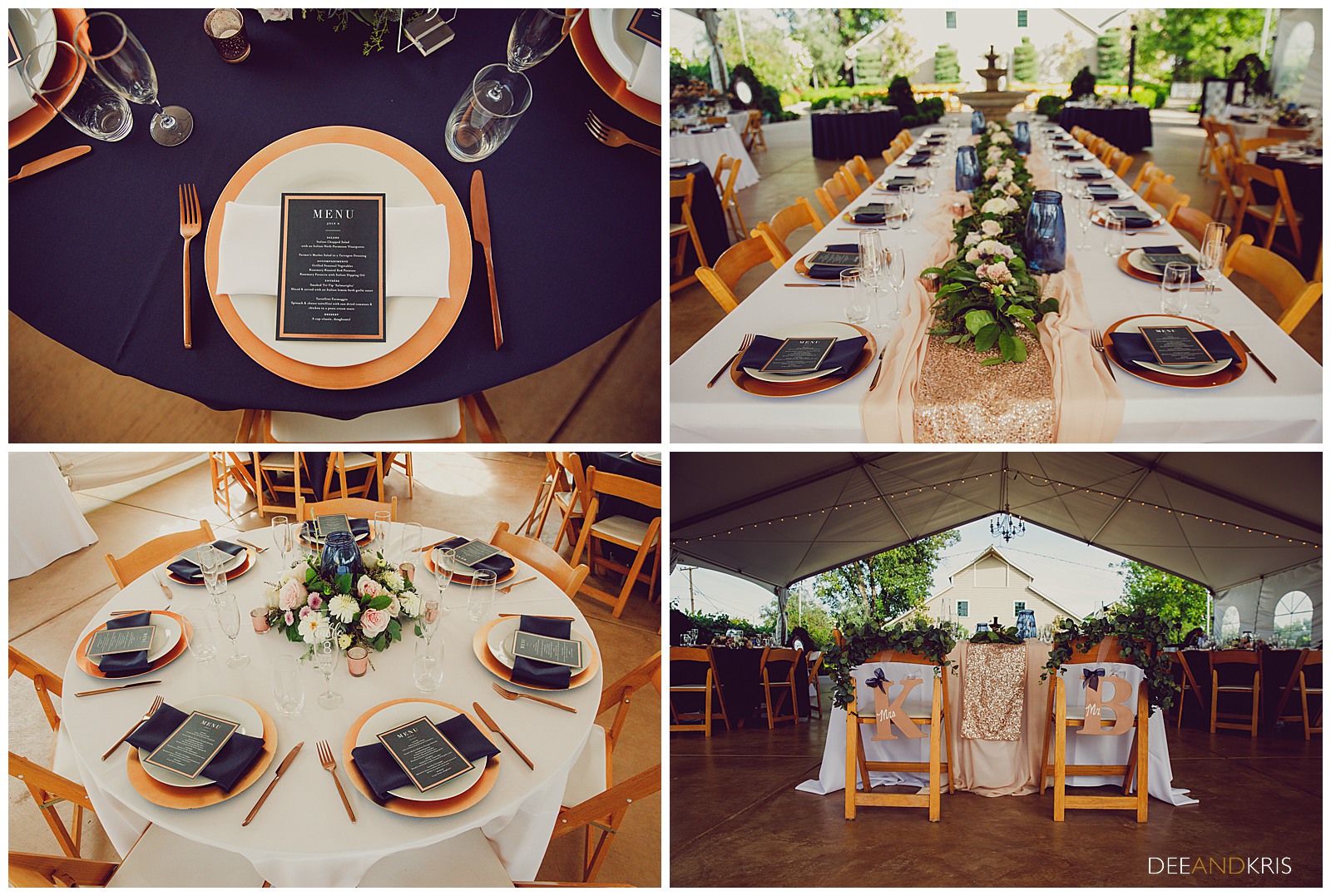 Wedding Navy Blue Table settings, Winery weddings, Sacramento Garden Venues