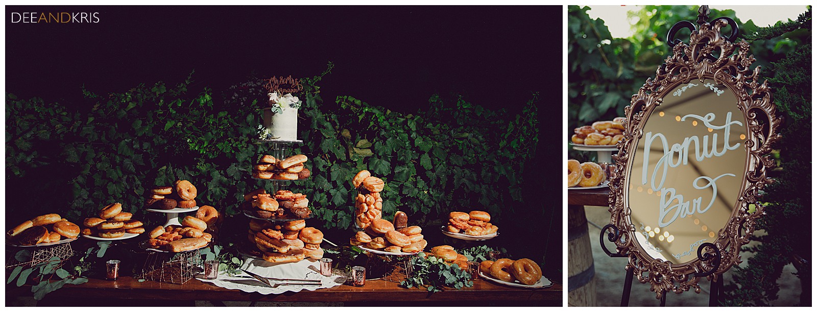 Wedding donut bar with small cake, wedding mirror sign 