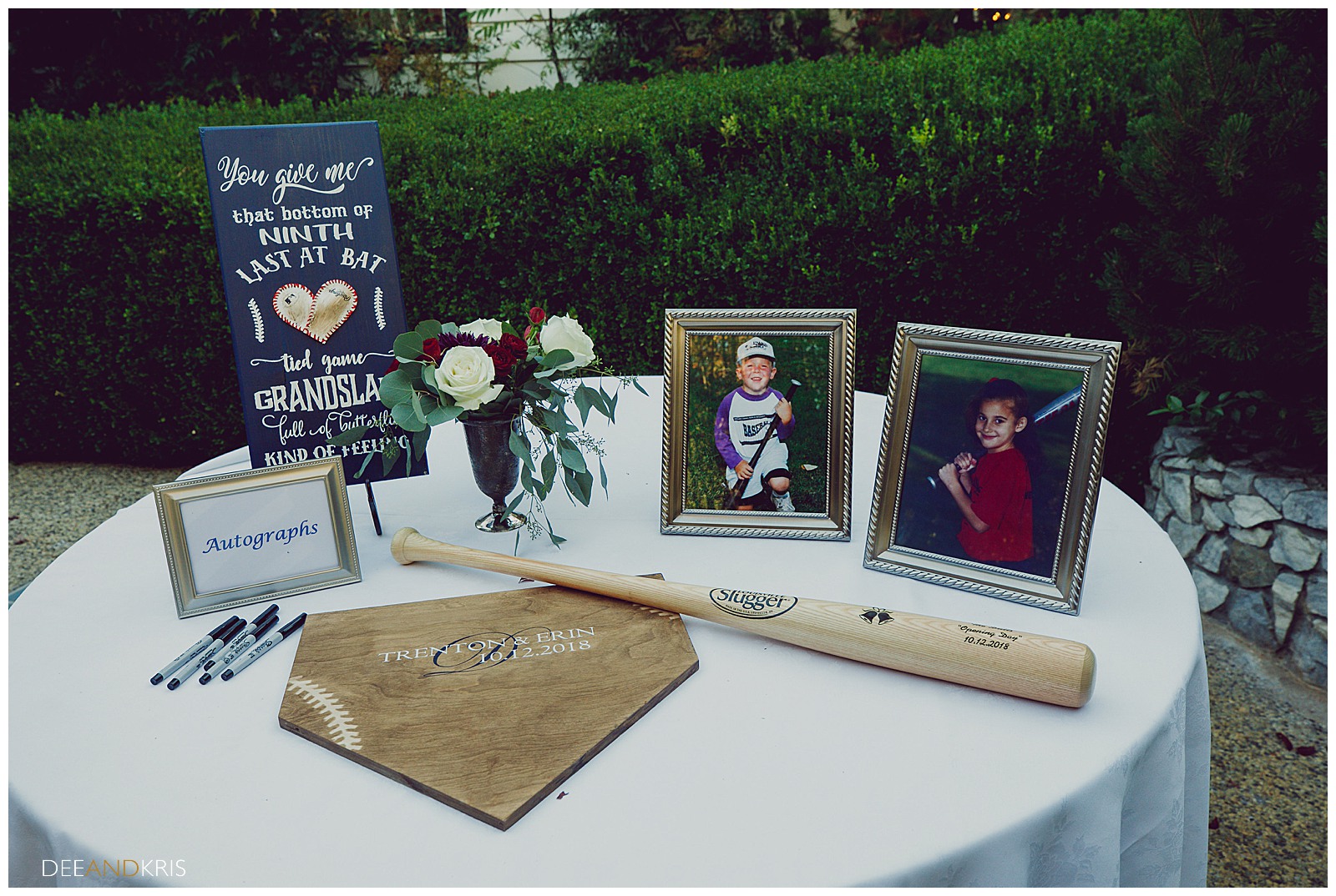 Baseball themed wedding, guest book alternatives, guest autographs on home plate and baseball bat
