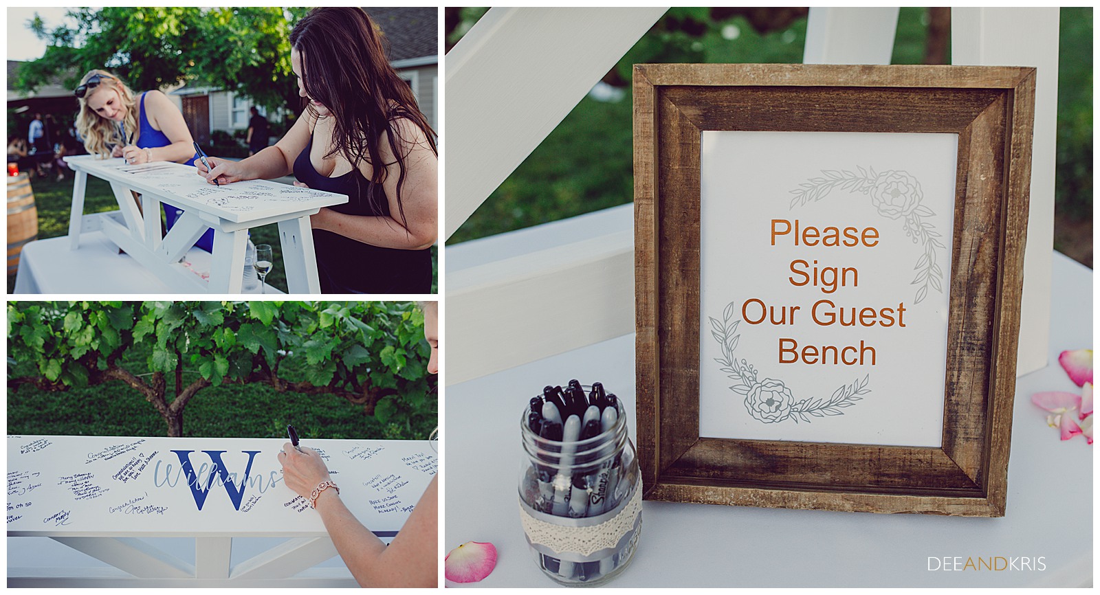 Wedding bench for guests to sign and send well wishes to bride and groom, unique wedding sign in ideas