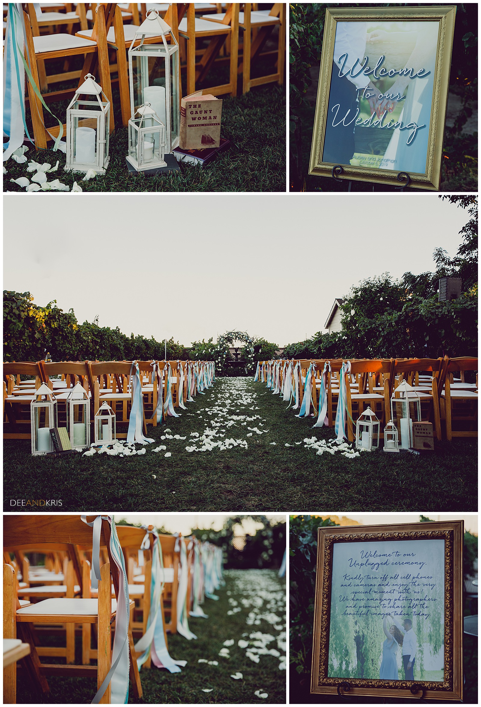 Scribner Bend Ceremony Pictures, pastel ribbon on aisle chairs