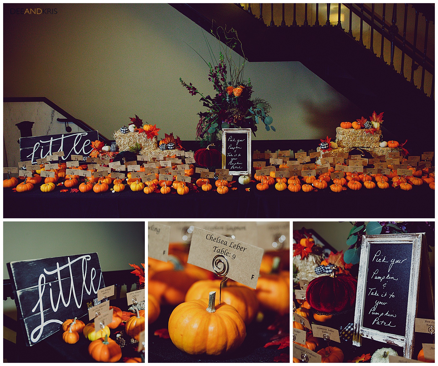 fall themed wedding, mini pumpkins, pumpkin table numbers