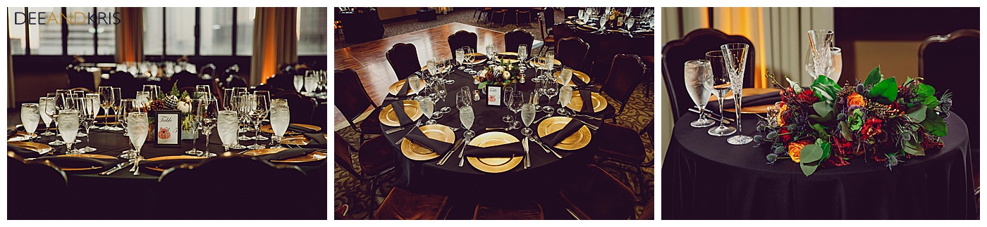 Fall decor, black wedding table cloths, classy reception decor