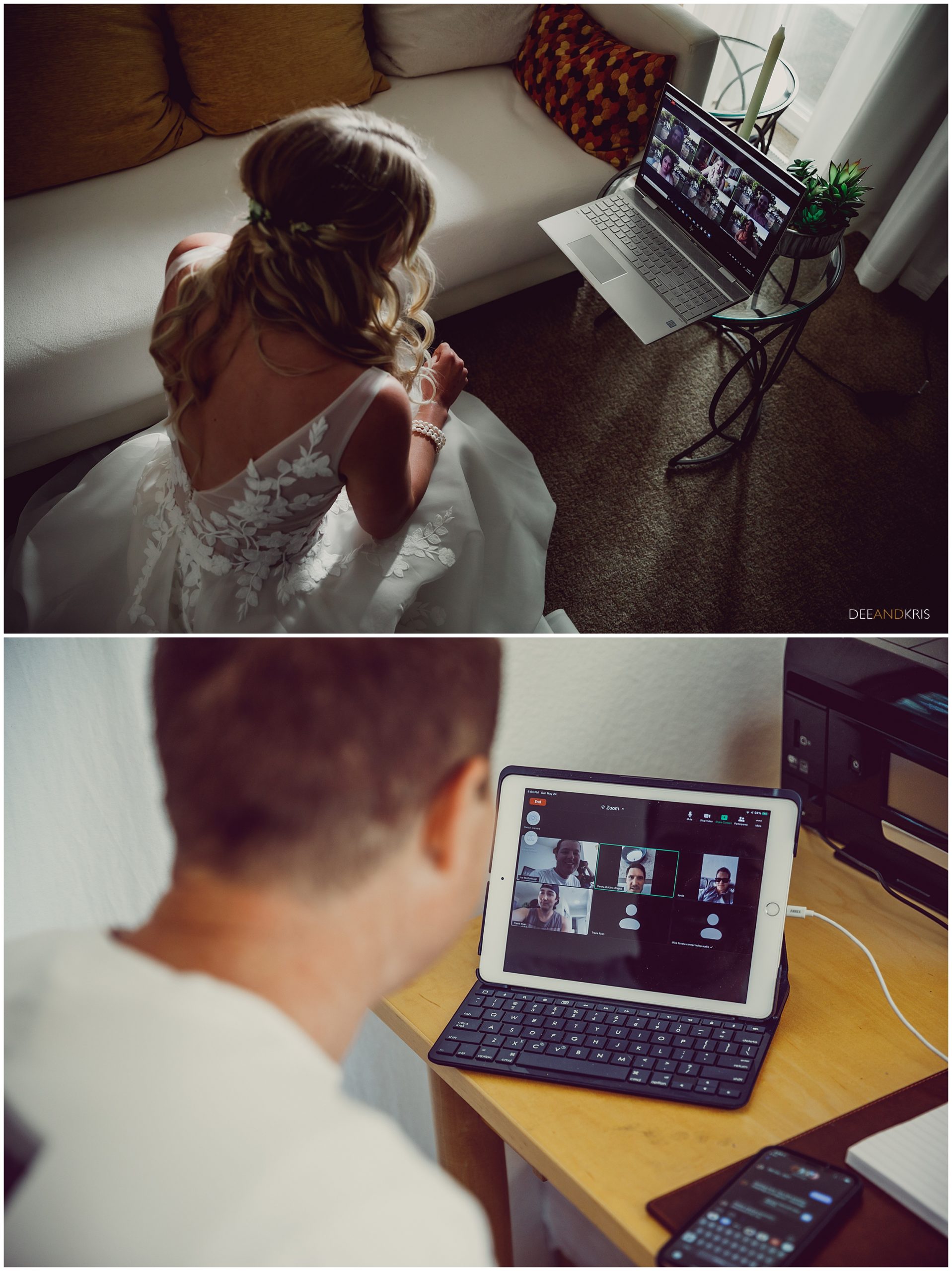 Corona Virus elopement ideas, Bride and Groom video chat with their bridal party