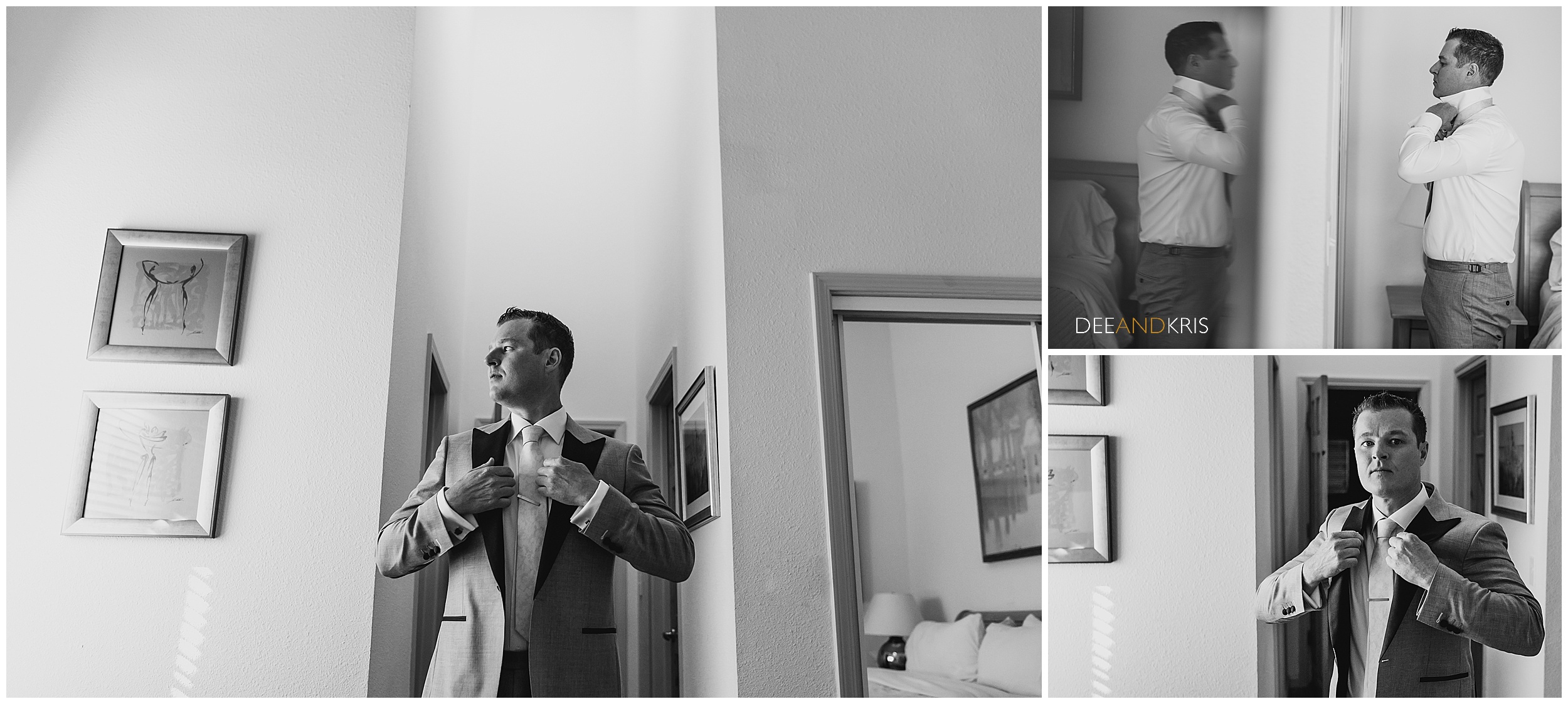 Groom gets ready for his elopement wearing a custom R. Douglas suit