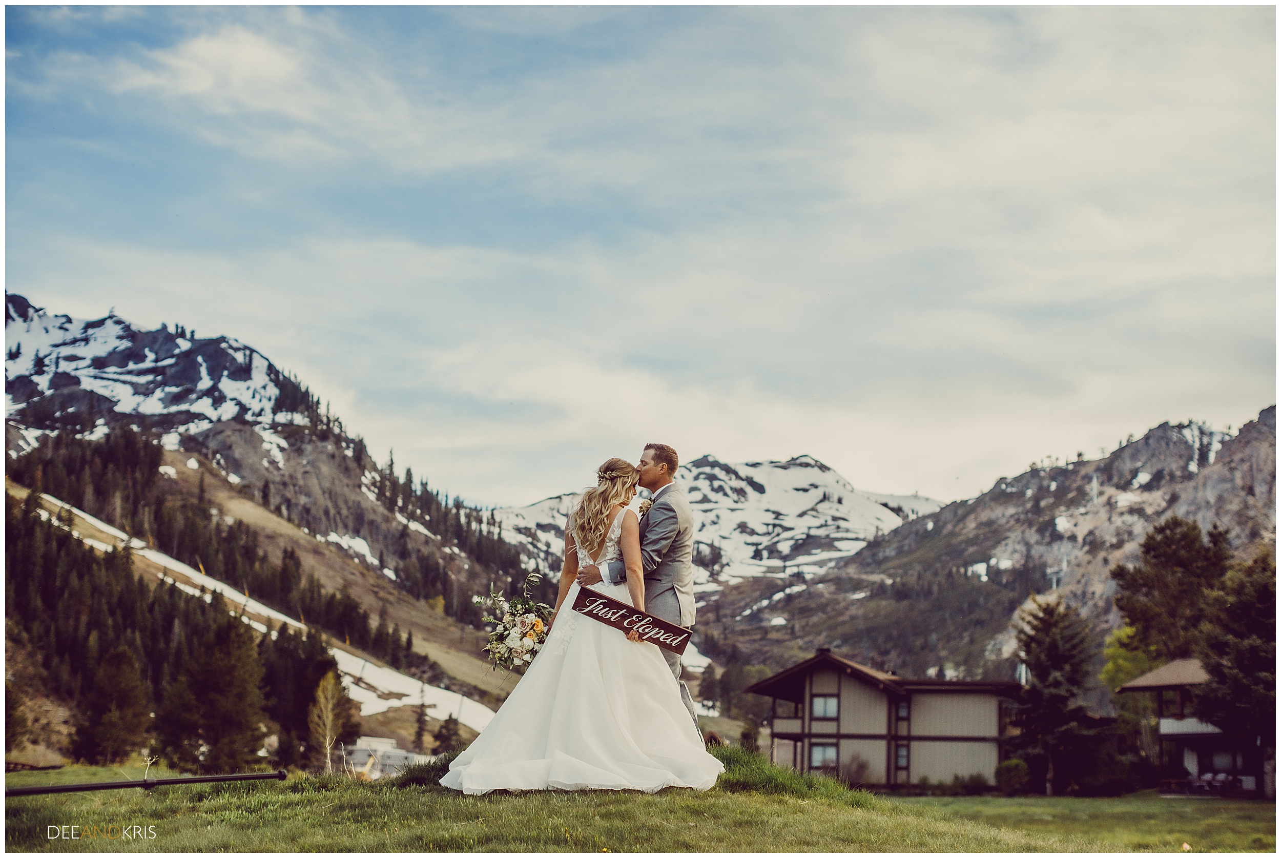 Bride and Groom hold Just Eloped Sign in Squaw Valley. 