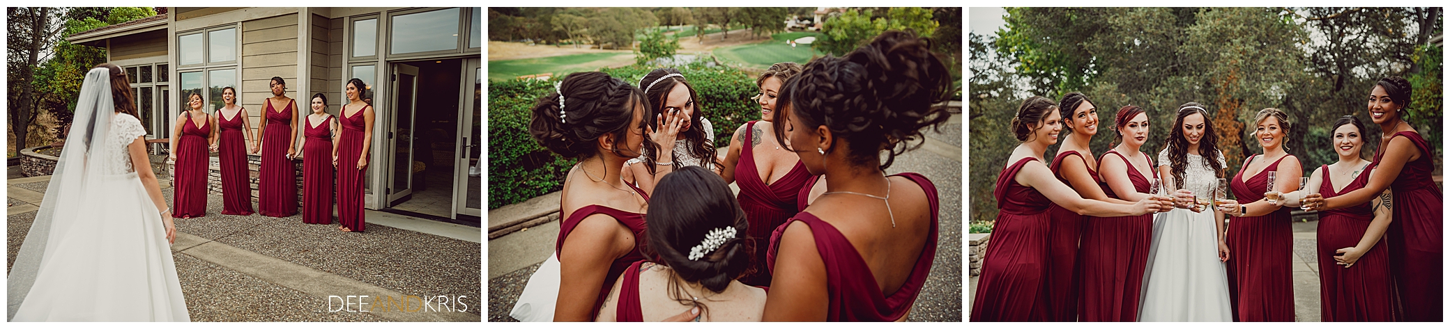 Bride does first look with bridal party at Roseville's garden venue at Catta Verdera Country Club