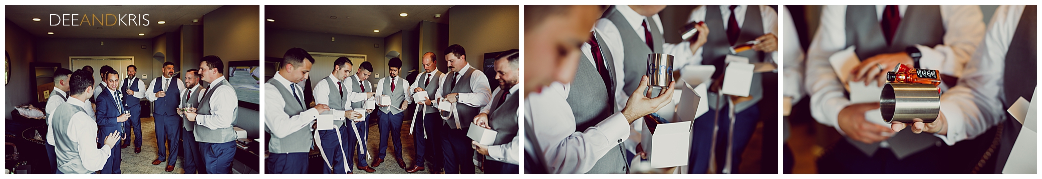 Groom gives gifts to his groomsmen gifts before his wedding. Groomsmen wearing blue pants and grey vest