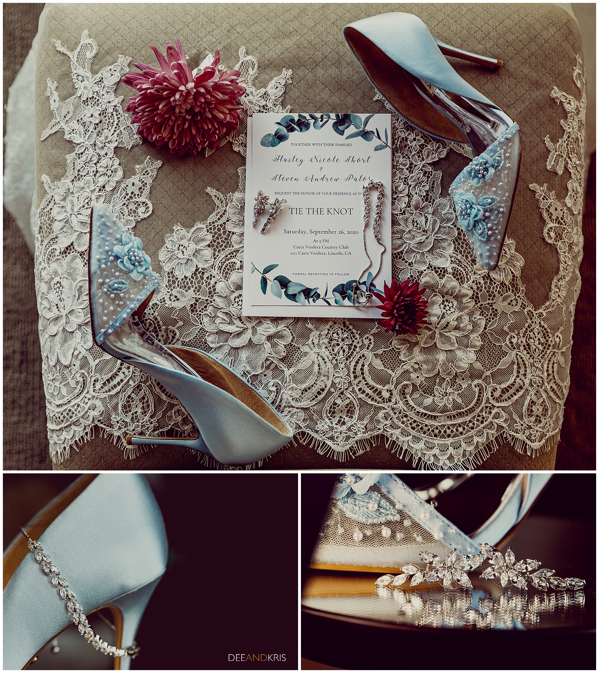 Wedding layflat with bridal details. Blue Badglaey Mischka and deliate bridal diamonds