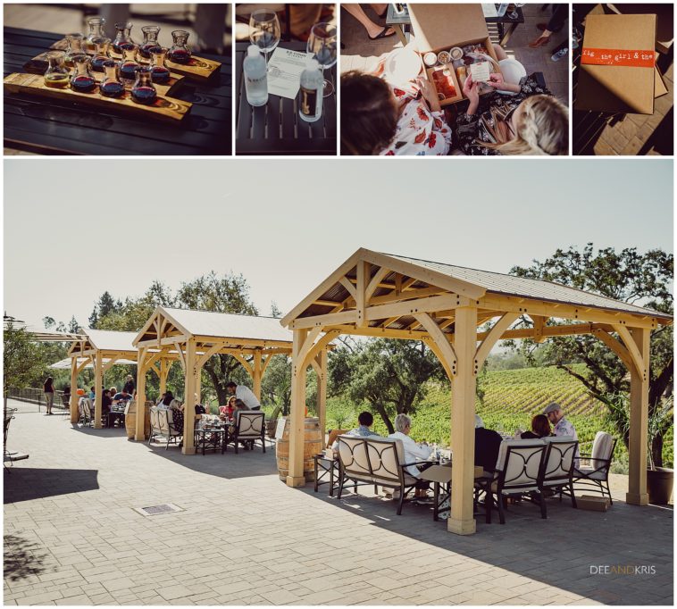 Multiple photographs of wine tasting at B.R. Cohn Winery, and snack boxes from The Girl and the fig.