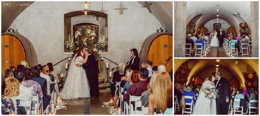 Bride and Groom get married in the wine cellar at Viansa Winery, first kiss