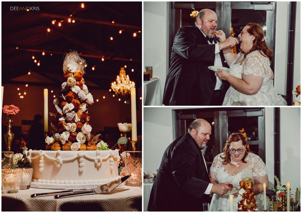Bride and Groom share croque-en-bouche as their wedding dessert at their Viansa wedding reception