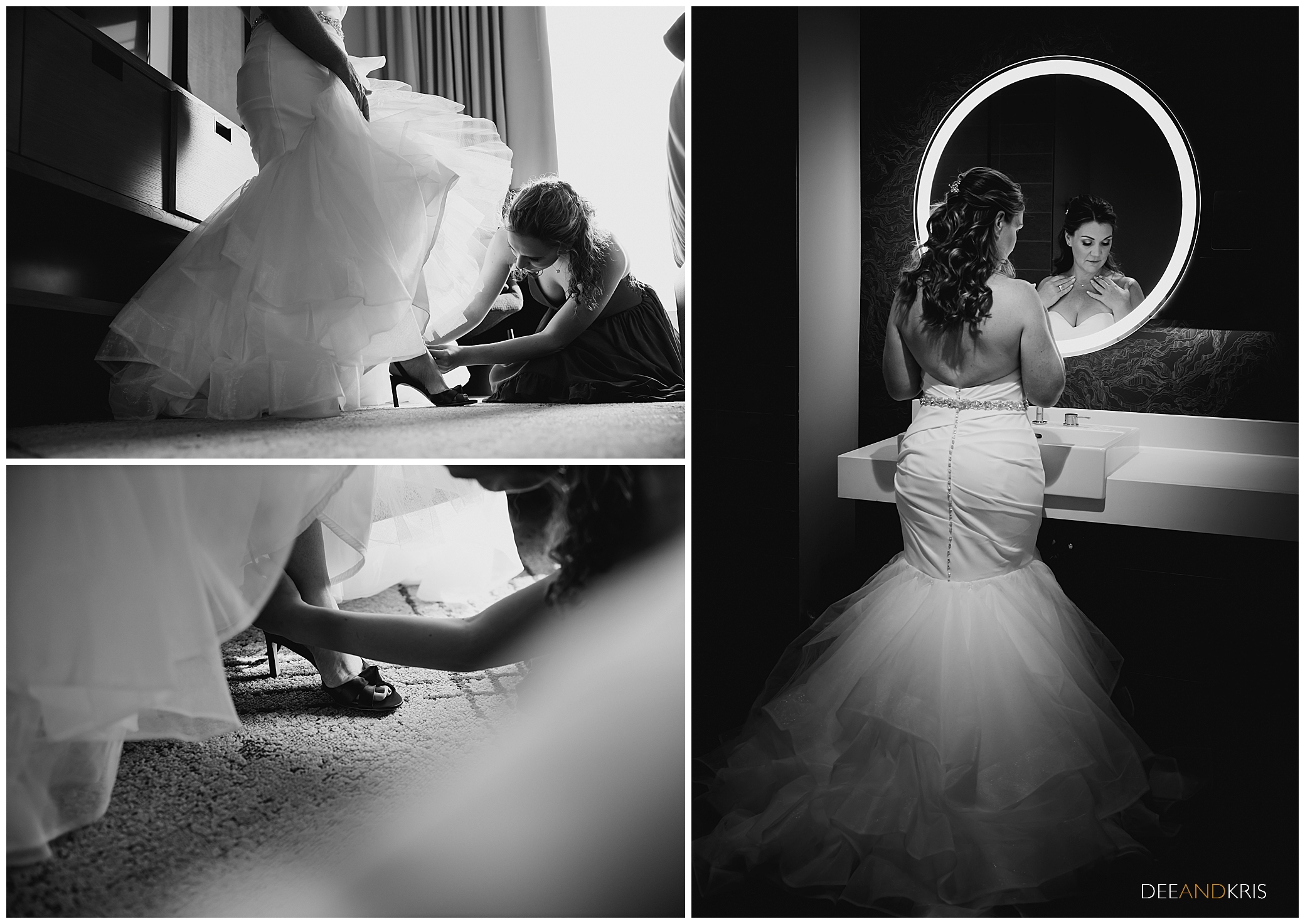 Bride gets ready at the Kimpton Sawyer Hotel. Black and white photographer