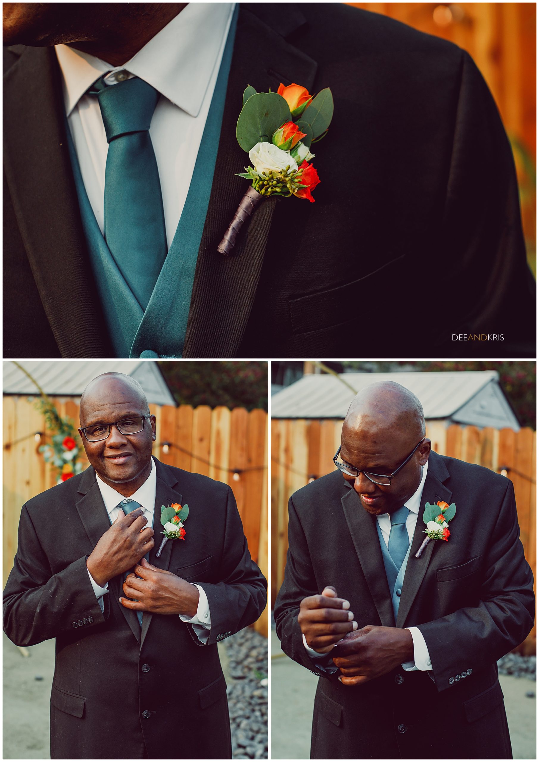 Groom gets ready for his wedding day with teal colored tie and orange floral boutonnière 