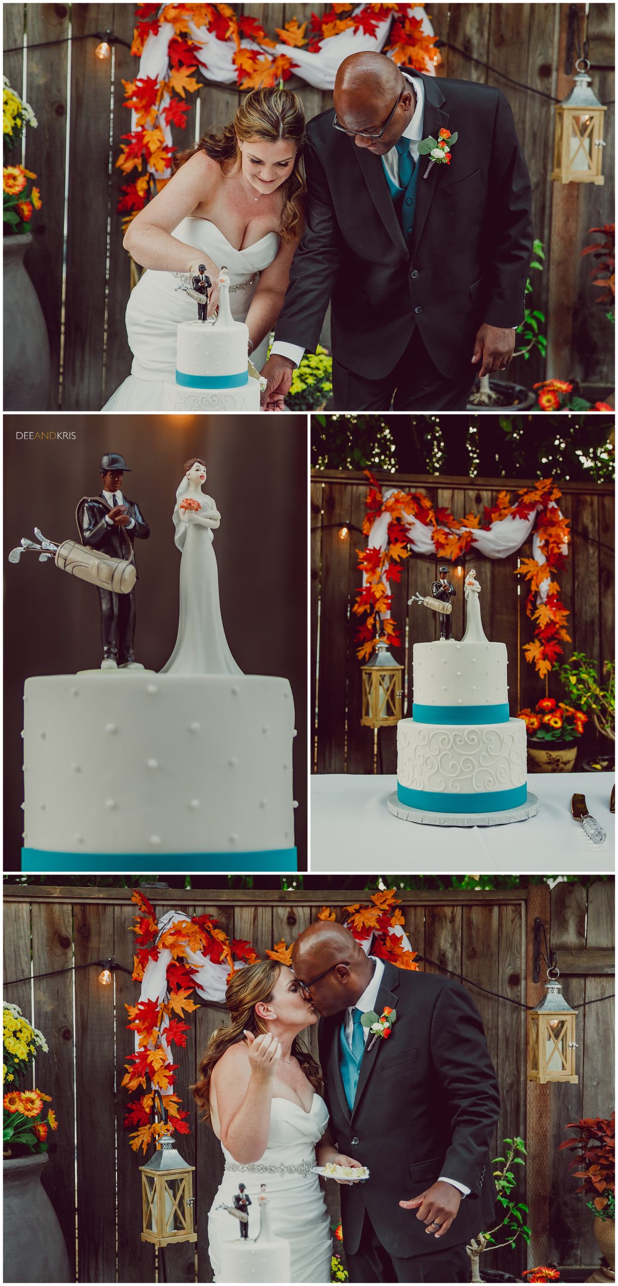 Bride and groom cut the cake at their backyard micro-wedding. Custom golfing cake topper with teal wedding cake created by Above and Beyond Cakes