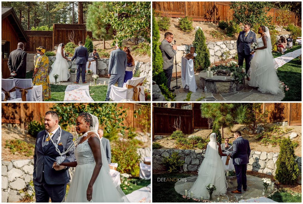 Bride and groom exchange vows at their South Lake Tahoe backyard wedding