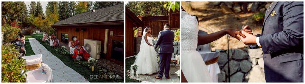 Bride and groom exchange vows and rings at their South Lake Tahoe backyard wedding