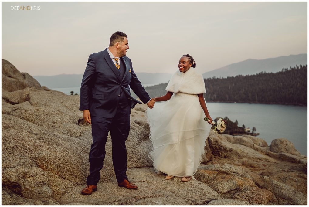 Bride and Groom sunset photographs overlooking South Lake Tahoe with Dee and Kris Photography