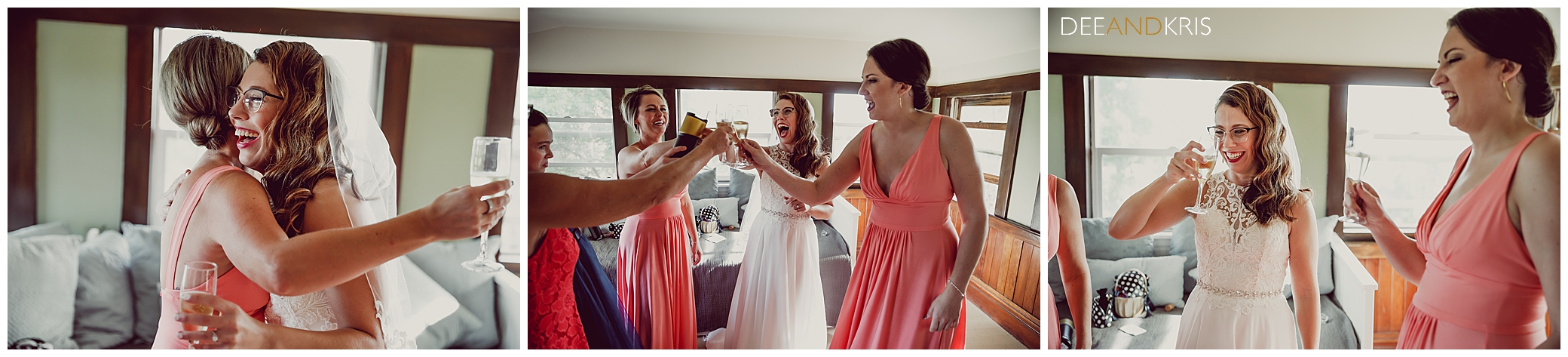 Bridal Champage toast with bridal party, wedding at Scribner Bend Vineyards
