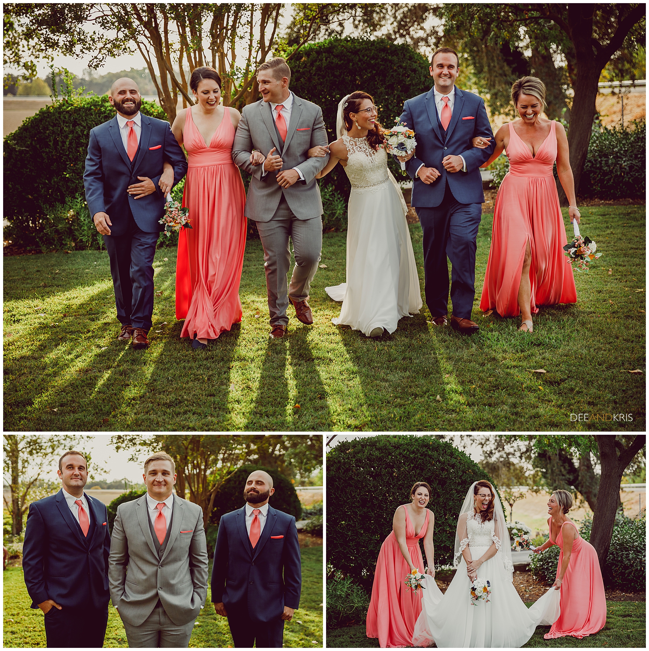 Bridal Party with coral colored bridesmaid dresses, small wedding party at Scribner Bend 