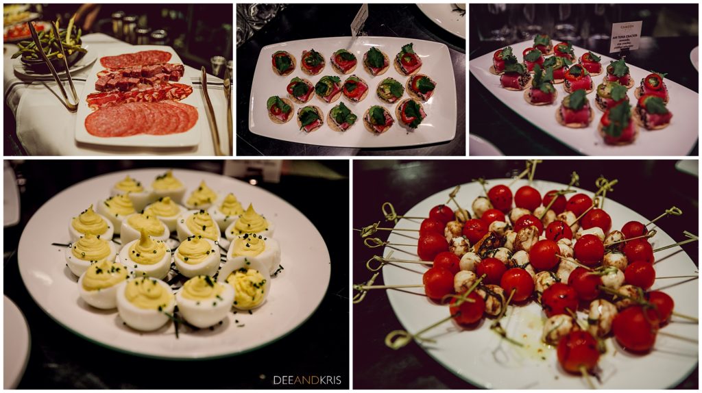 Wedding after party appetizers. Deviled eggs, tomato and mozzarella ball skewers, wedding finger foods. 