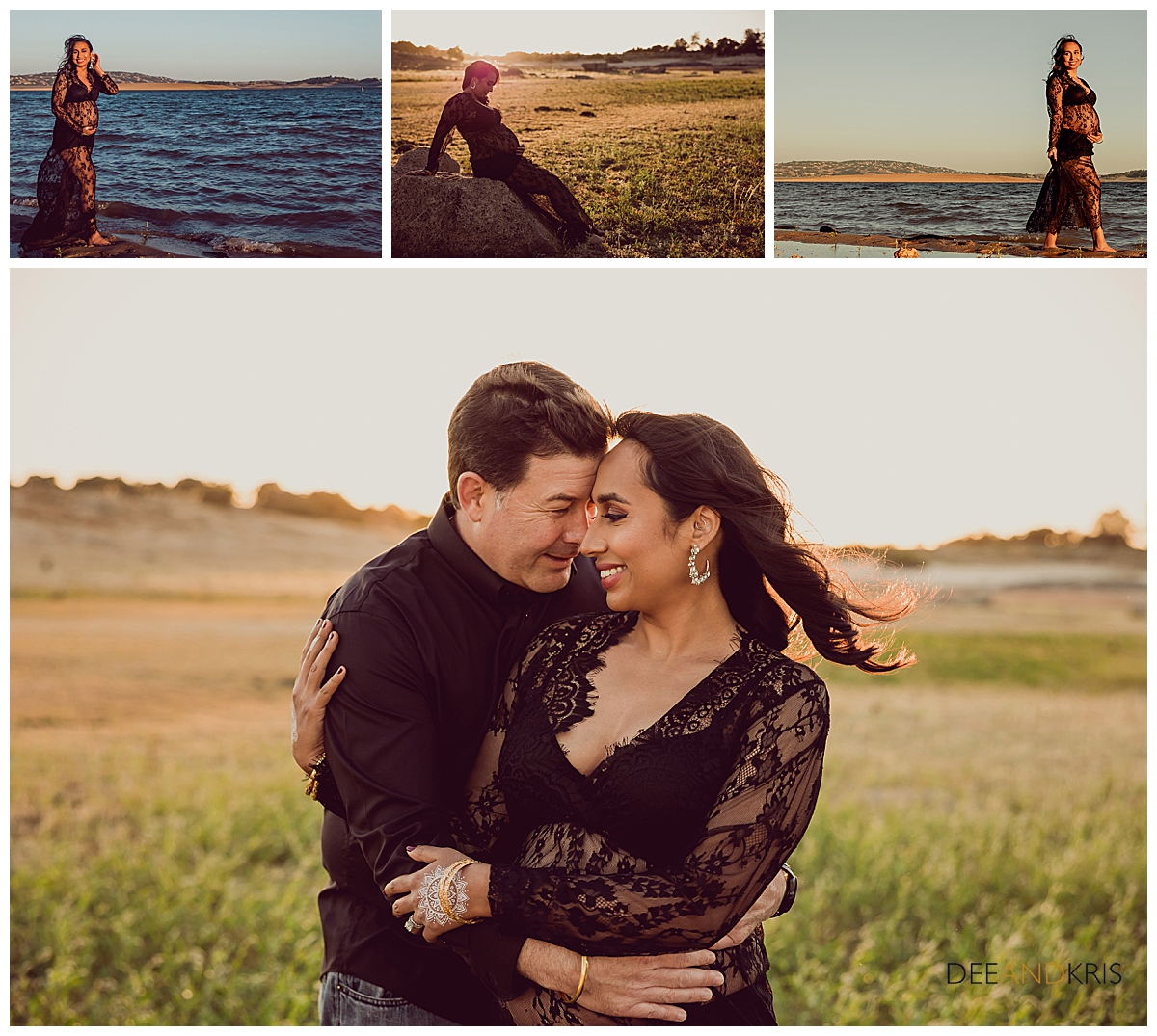 4 images of Beautiful Folsom Lake serves as a backdrop for happy dad and gorgeous mom dressed in a maternity dress of black lace.