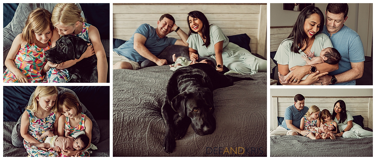 5 images of an at home family session with newborn baby boy being loved on by his new family as they relax on the bed.