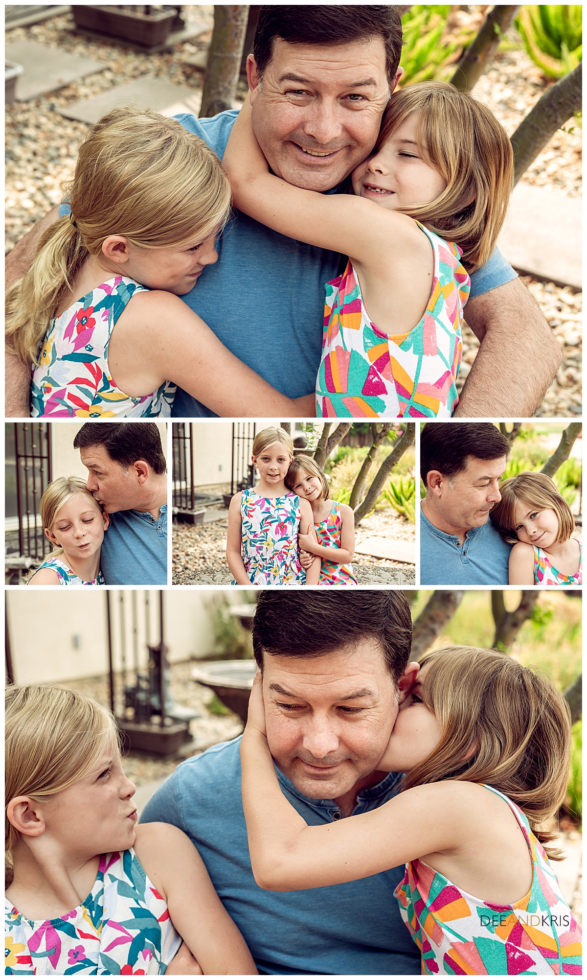 5 images of dad having fun with his daughters as they laugh and snuggle. 