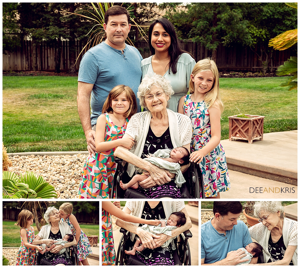 5 images of grandma with her beautiful family including her son, daughter-in-law, two granddaughters, and her new grandson.