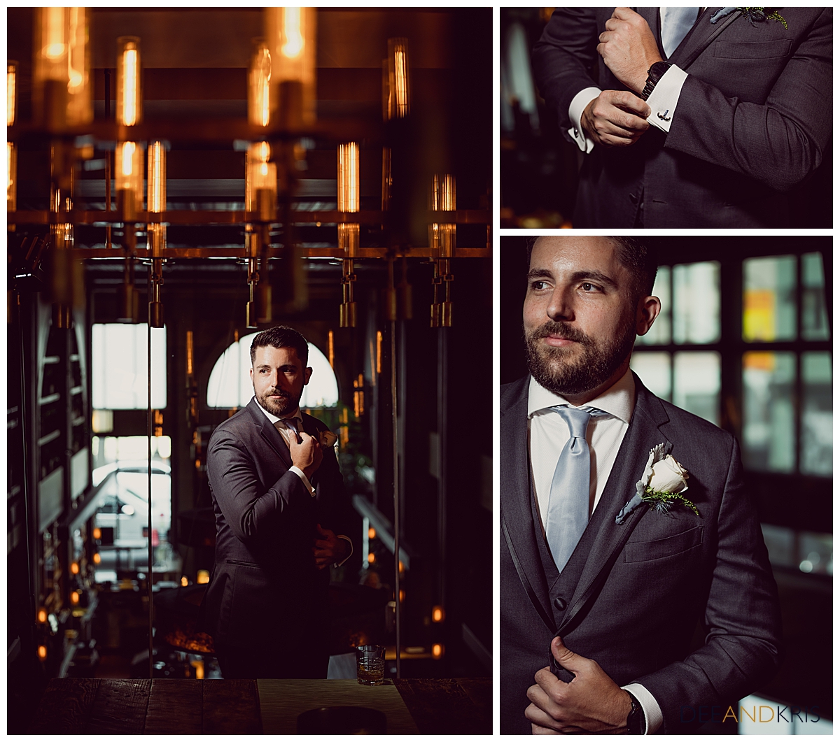 Three images of groom's tuxedo details.