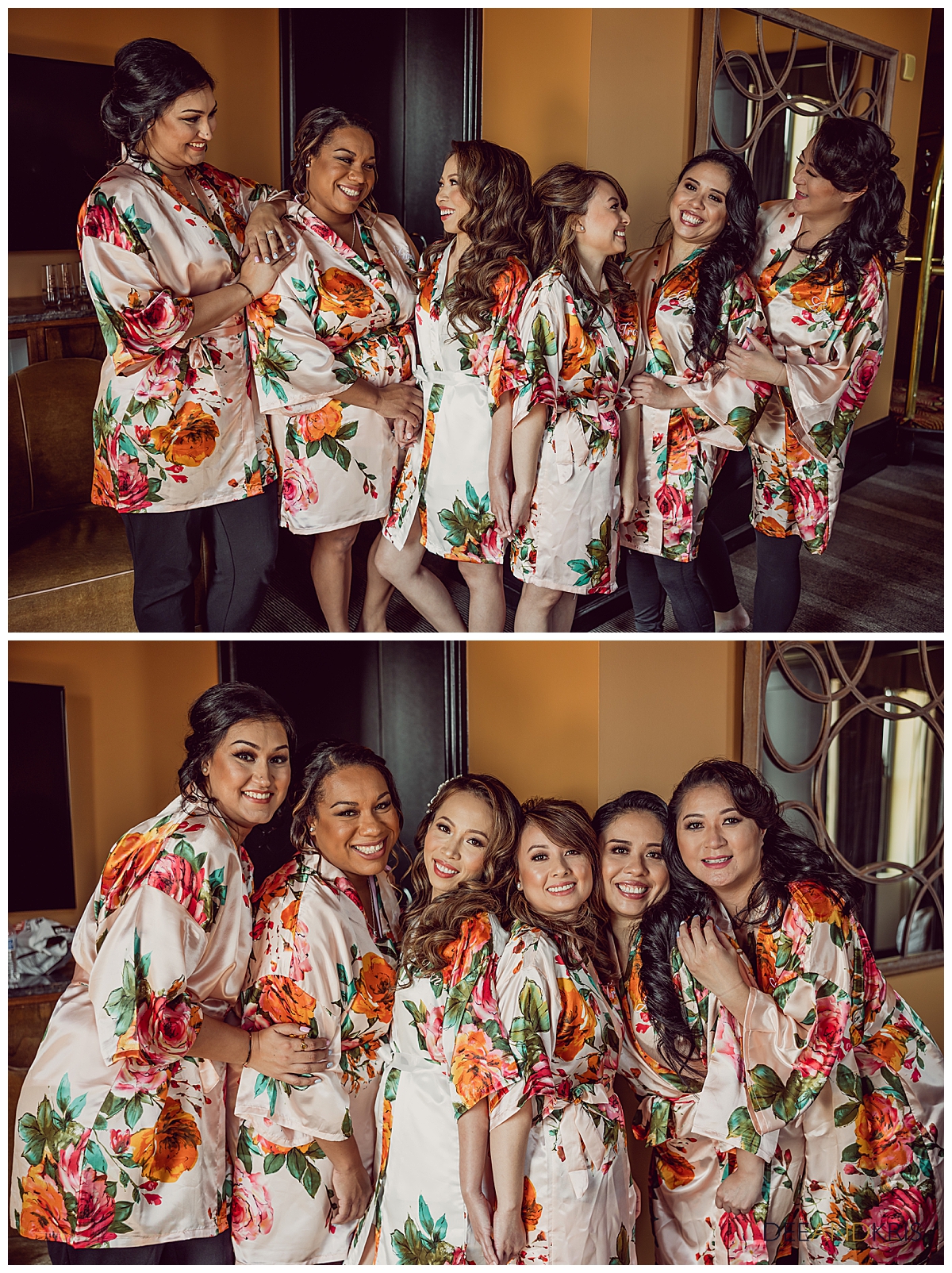 Bride and Bridesmaids gathered together in matching silk floral robes