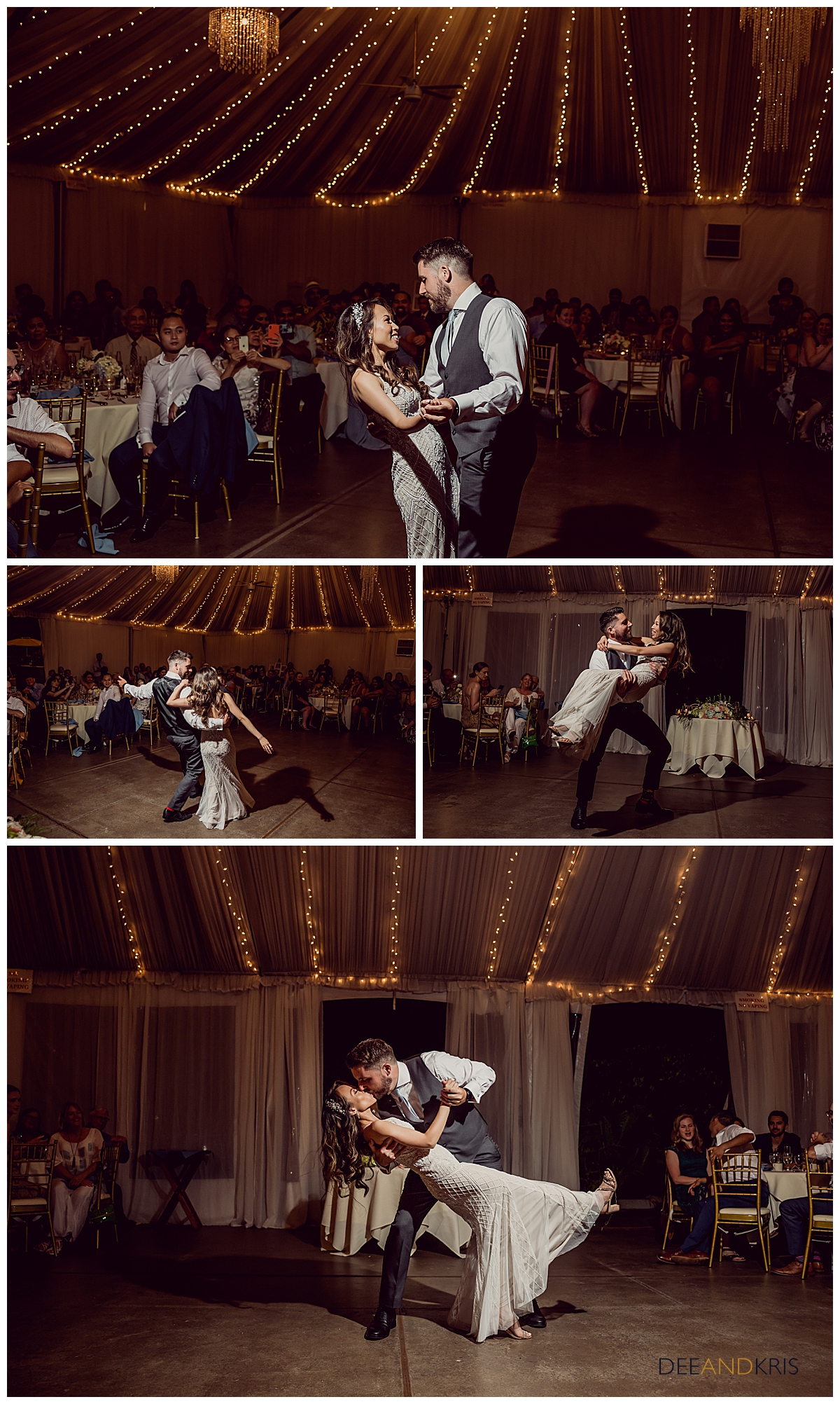 Five images of bride and groom dancing their first wedding dance as husband and wife.