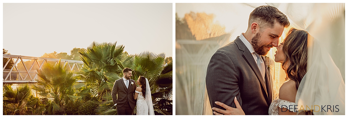 Bride and groom against a sunset backdrop with palm trees behind them.