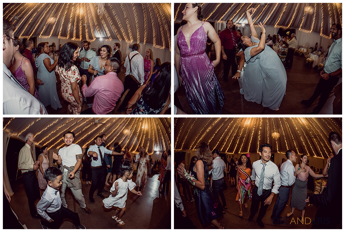 Four images of wedding guests dancing.