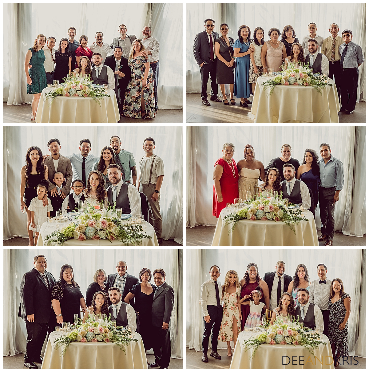 Six images of wedding guests gathered around bride and groom who are seated at their table.